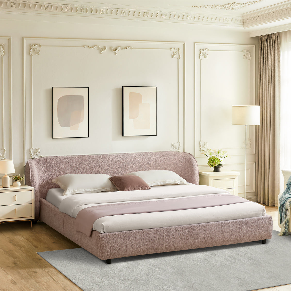 King Size Boucle Fabric Upholstered Bed Frame, Luxury Curved Wing‑Back Large Headboard, Sturdy Solid Frame Platform Bed for Bedroom, Mattress Not Included-Pink