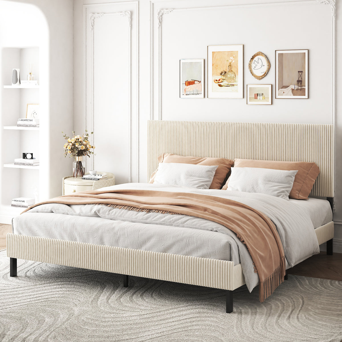 King bed frame with a bandaged headboard is stable and easy to assemble, and the style is simple and elegant,beige