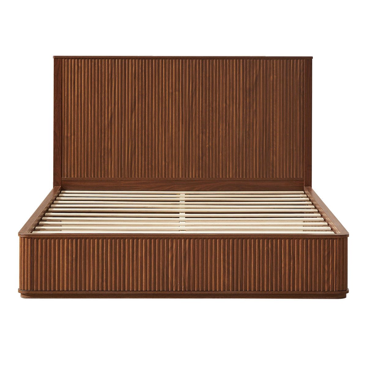 Walnut wave pattern wood grain headboard platform bed frame, 44-inch-high headboard large bed frame, modern minimalist style, easy assembly, no need for box springs