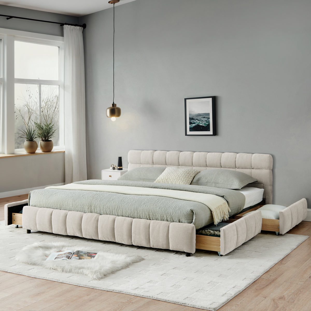 California King size Upholstered Bed ,comfortable upholstered bed frame, Chenille fabric, with headboard and solid bed frame. With drawer for storage.-Beige(90.5''*80.5''*31'')