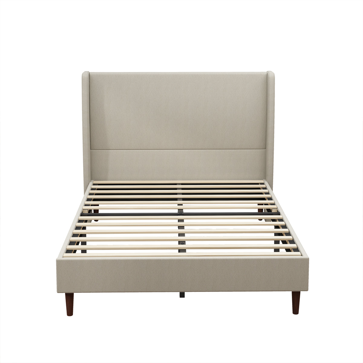 Upholstered Queen Bed Frame with 12-Slat Support, Beige Linen Cloth, Solid Wood Legs, No Box Spring Needed