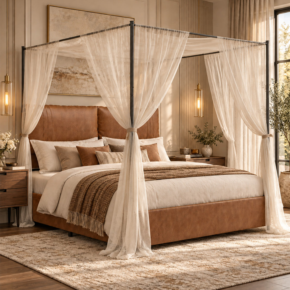 Queen Canopy Bed Frame, Faux Leather Upholstered Bed with Metal Frame, Four Poster Platform Bed, No Box Spring Needed, Rustic Brown