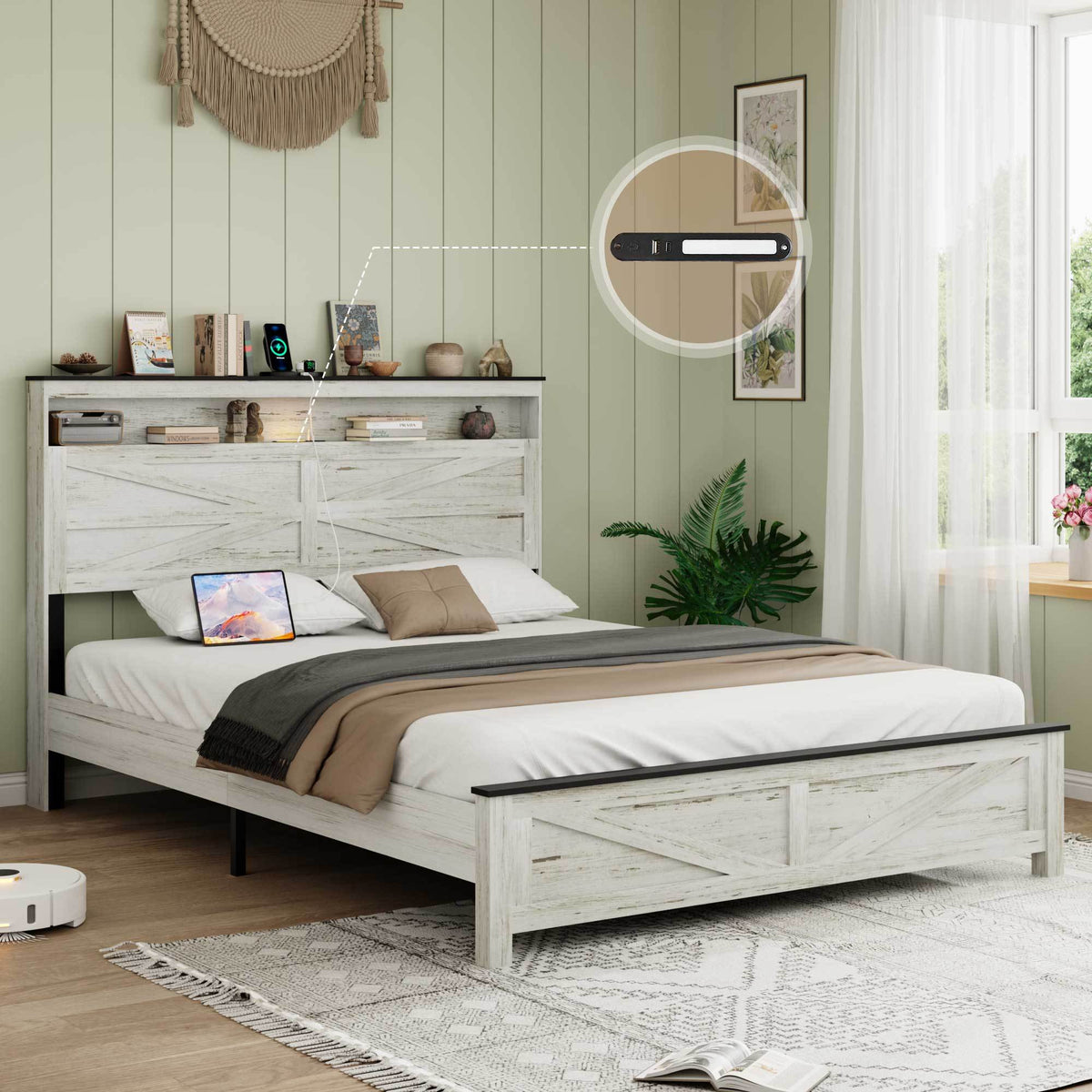 Queen size bed frame headboard with LED lights and charging station cushion platform bed frame, large bed, with headboard and hidden storage space, no box spring required, Antique White+Gray