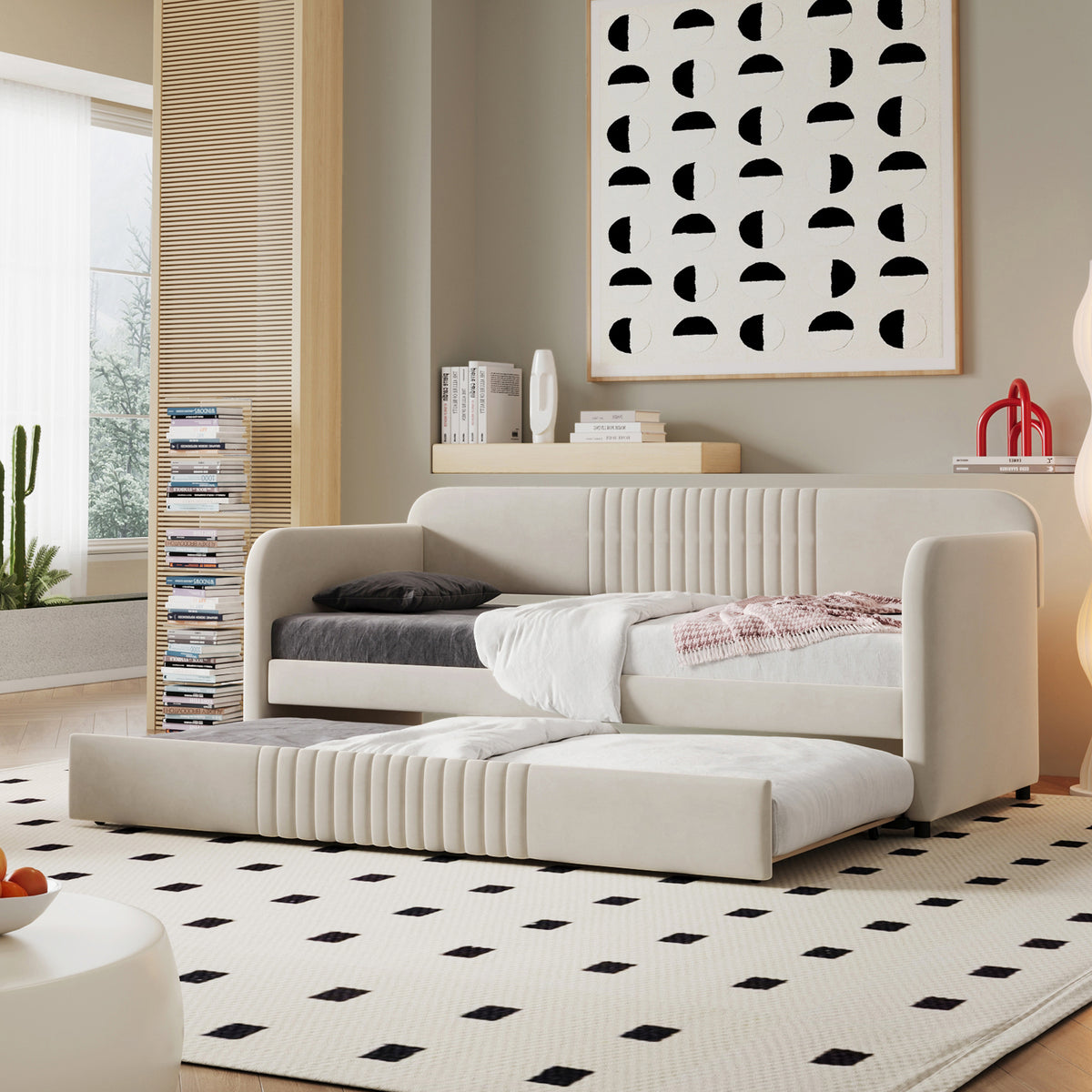 Upholstered Daybed Sofa Bed Twin Size With Trundle Bed and Wood Slat ,Beige(Old sku: LP000127AAA)