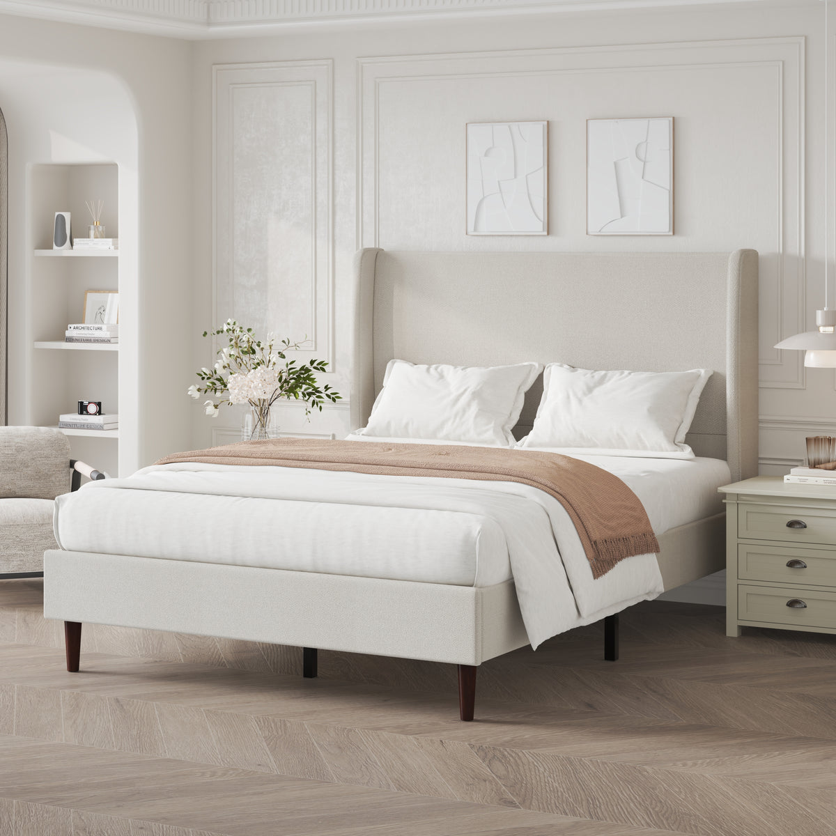 High Headboard Upholstered Bed, Queen Size Bed Frame, 12-Slat Support, Easy to Assemble, Beige, Chenille Cloth, No Box Spring Needed