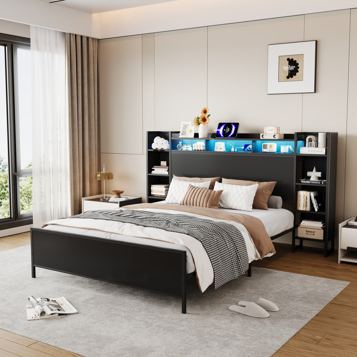 King Size Bed Frame with USB Charging Station, Storage Headboard and with Led Light, Heavy Duty Metal Platform Bed Frame, No Box Spring Needed, Black