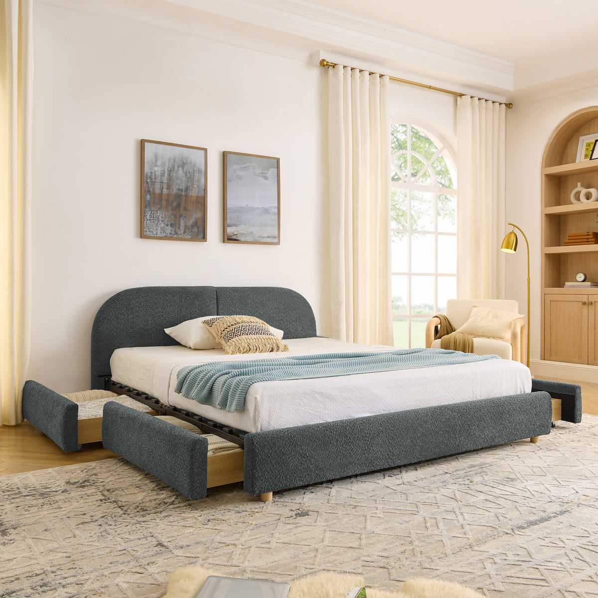Queen Size Upholstered Bed Frame Modern Minimalist Style - Circle Yarn Fabric, Tall Curved Headboard, Sturdy Leg Support & Wheeled Drawer Storage, Mattress Not Included -Dark Gray