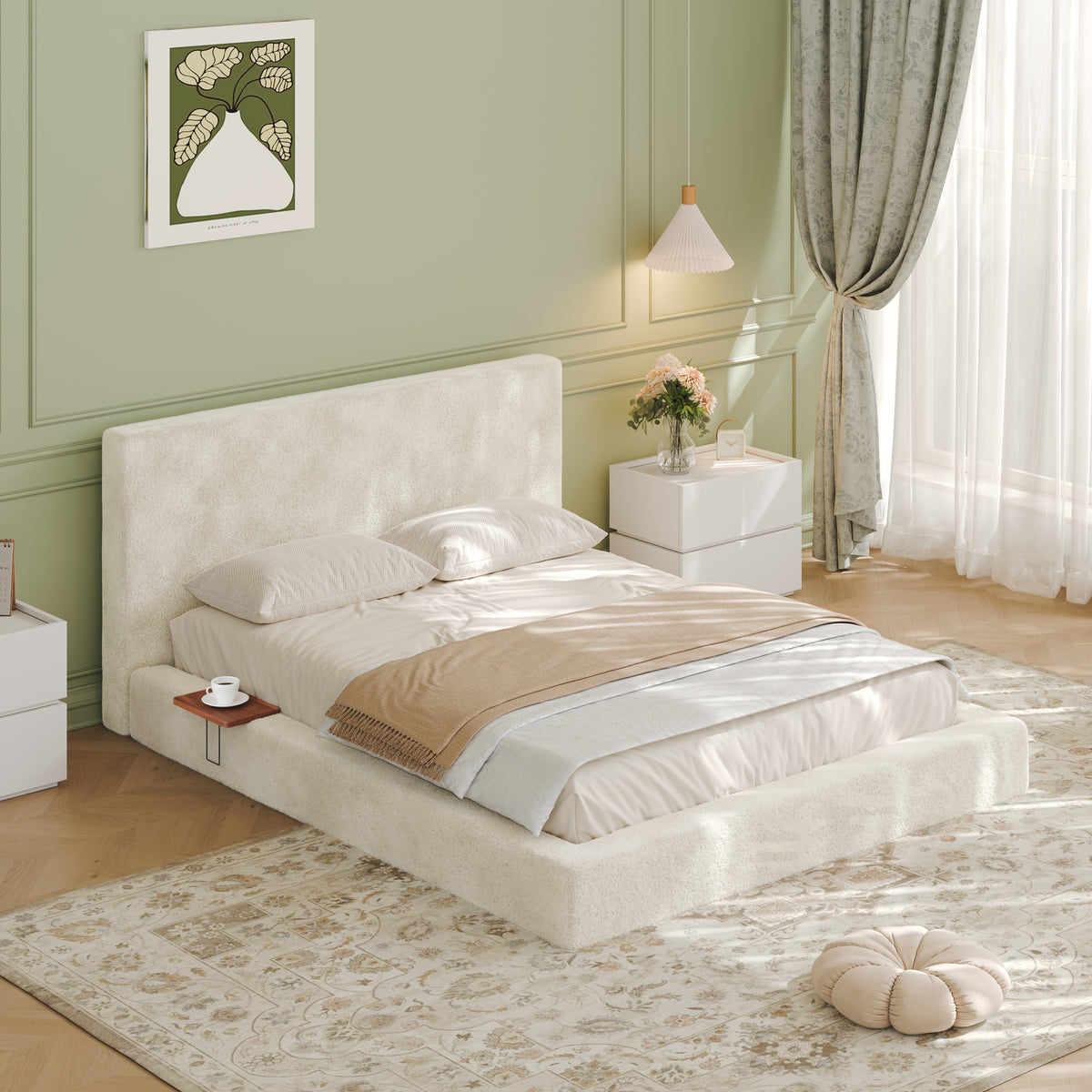 Queen Size Cloud Bed Frame with Sliding Side Shelves, Soft Plush Upholstered Platform Bed with Padded Headboard, Low Profile Bed Frame with Thick Cushioned Edges, Cream White.