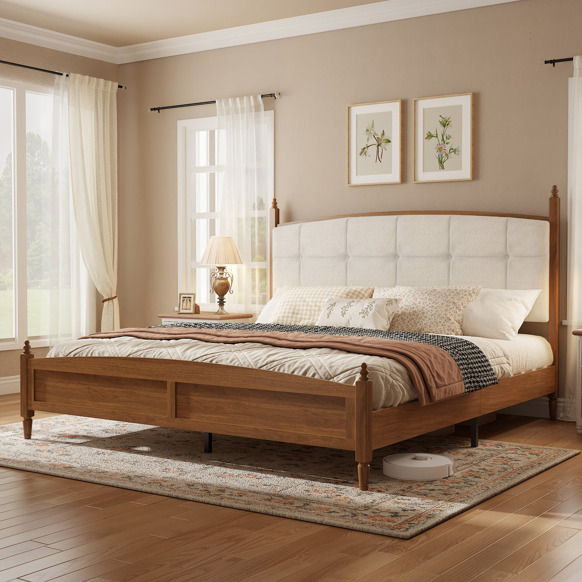 King Size Bed Frame In Walnut Finish, Vintage Spindle-Style Platform Bed Supported