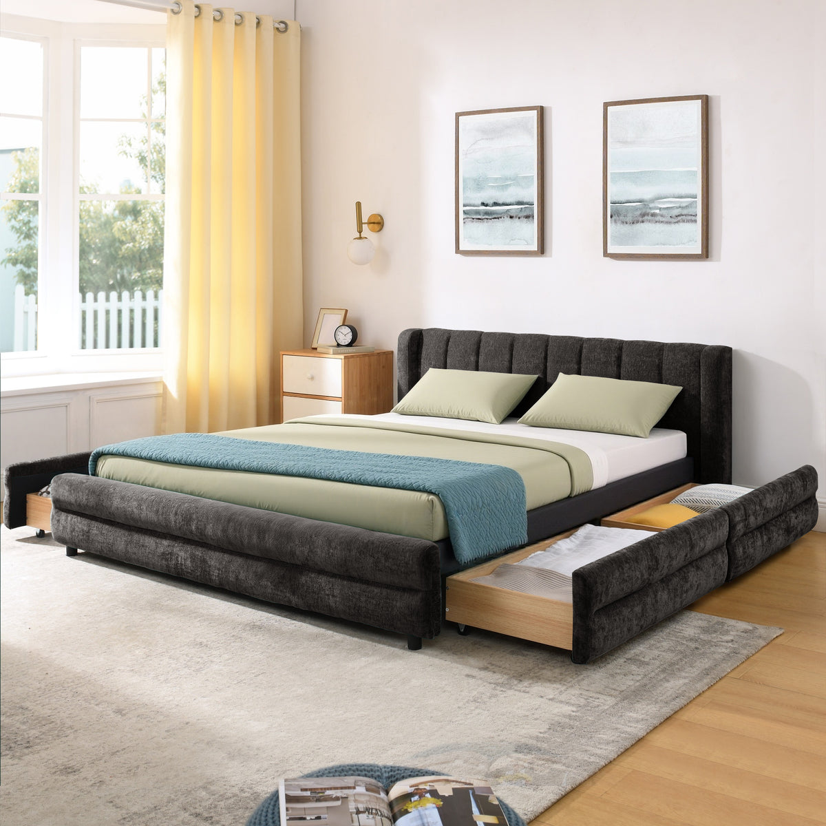 Queen Size Upholstered Bed Frame with Thick Fabric, comfortable upholstered bed frame, Chenille fabric, with headboard and solid bed frame. With drawer for storage-Dark Gray(86''*68.5''*67'')