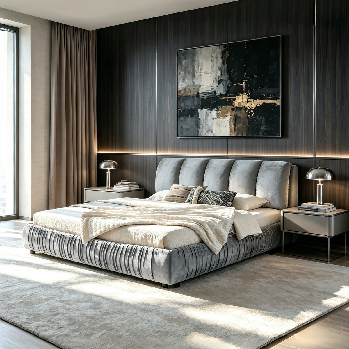 King Size Upholstered Bed Frame, Modern Minimalist Style with Segmented Plump Compressed Sponge Headboard, Shiny velvet & Sturdy Leg Support, Mattress Not Included-Gray