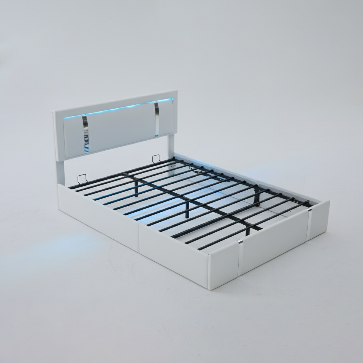 Modern White Faux Leather Upholstered Platform Bed Frame with Adjustable LED Lights, USB-C Charging Ports, Hydraulic Support, Metal Slats, Full Size