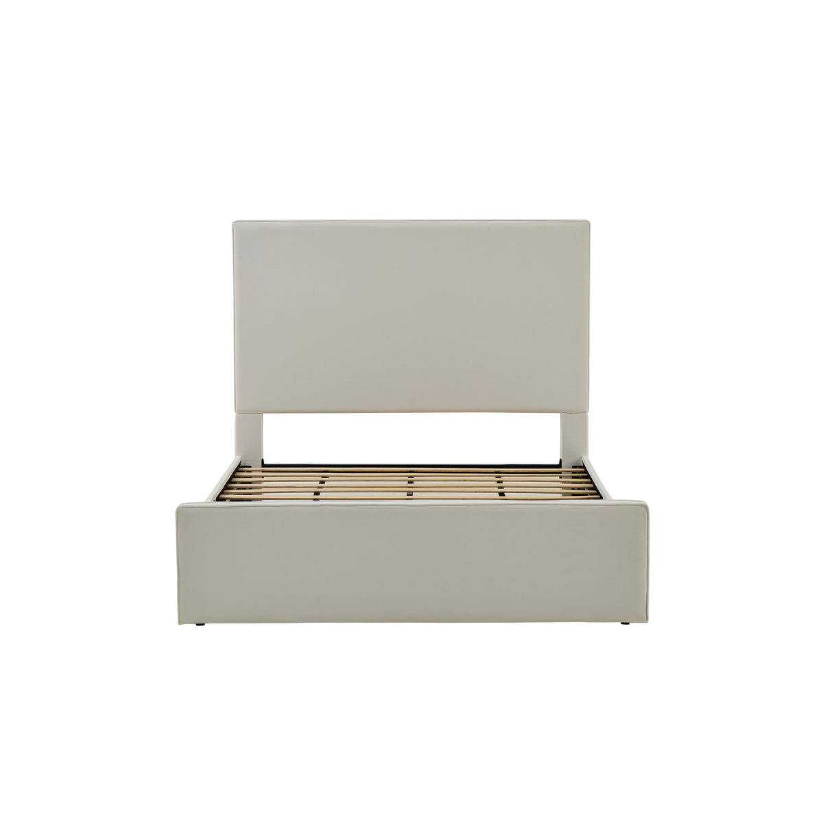 Lucas Tall Headboard Upholstered Bed in White with Coconut Micro Suede Fabric, 52' High, Queen Size, Metal Frame, No Box Spring Needed