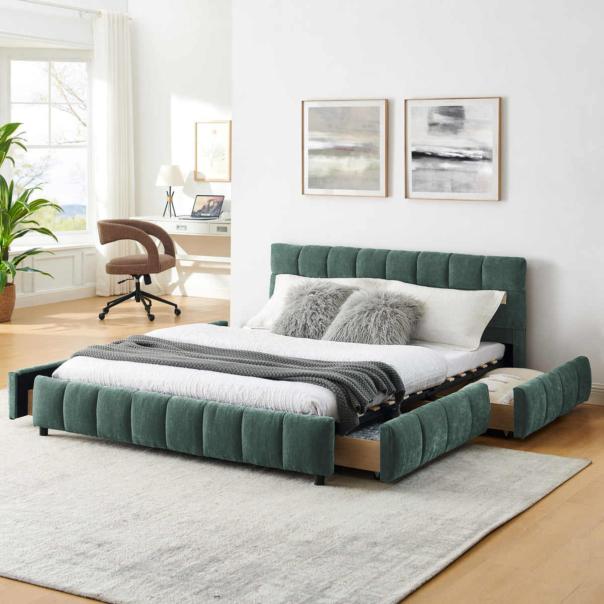 Queen Size Upholstered Bed ,comfortable upholstered bed frame, Chenille fabric, with headboard and solid bed frame. With drawer for storage.-green(88.5''*68.5''*31'')