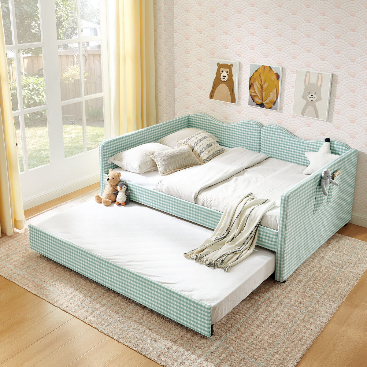 Full‑Size Daybed,Gingham Upholstered Daybed Equipped with Pull-Out Trundle Bed Frame & Side Storage Pocket, Solid Wood Frame Multi-Functional Sofa Bed for Kids Room & Guest Bedroom-CYAN