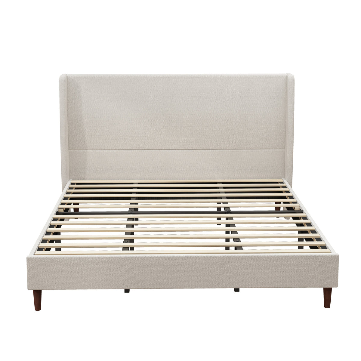 Upholstered King Size Bed Frame with 12-Slat Support, Beige Chenille Cloth, Solid Wood Legs,No Box Spring Needed