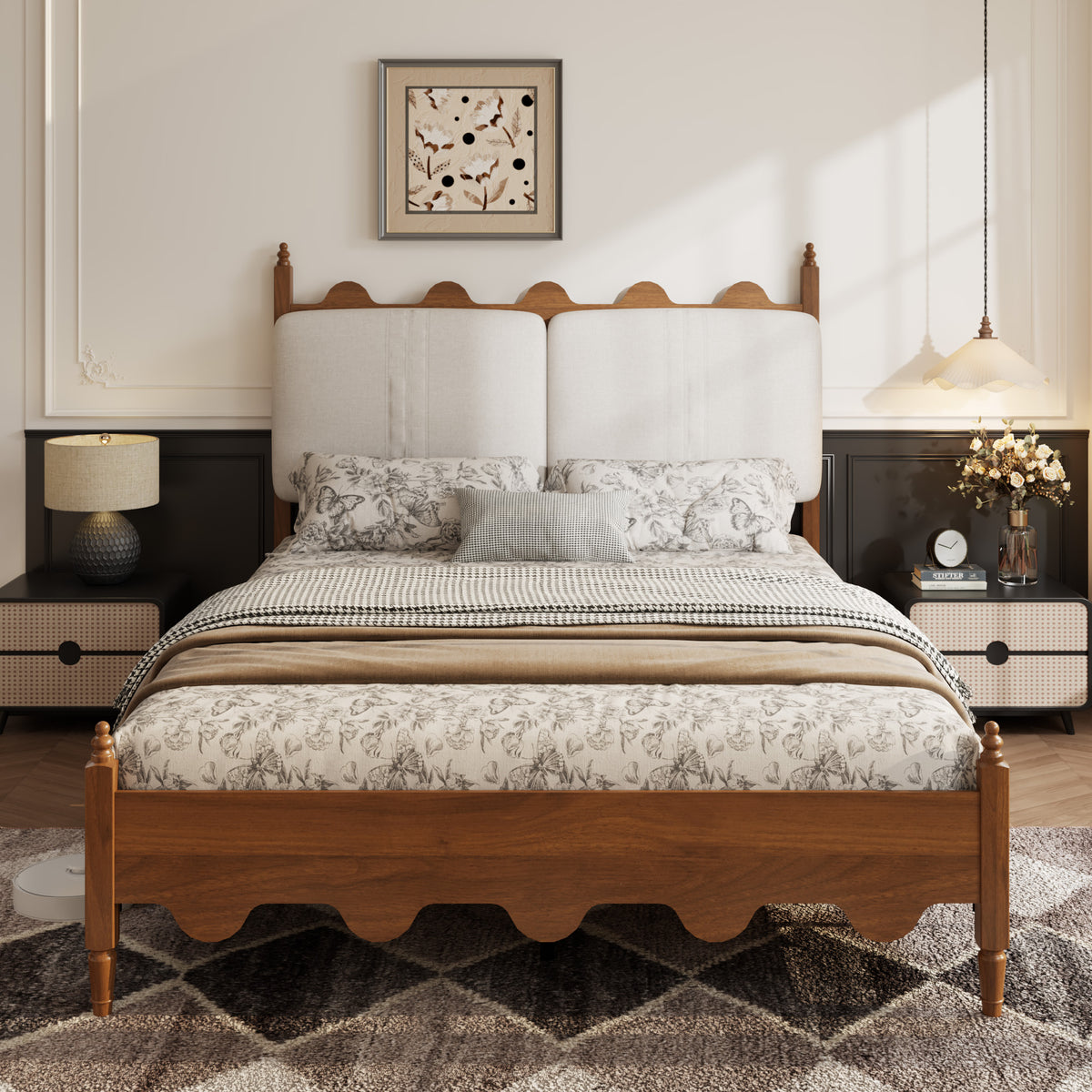 Queen Size Bed Frame with Upholstered Headboard,Solid Wood Legs,Vintage Scalloped Design,No Box Spring Needed,Heavy Duty Support,Easy Assembly,Walnut Finish