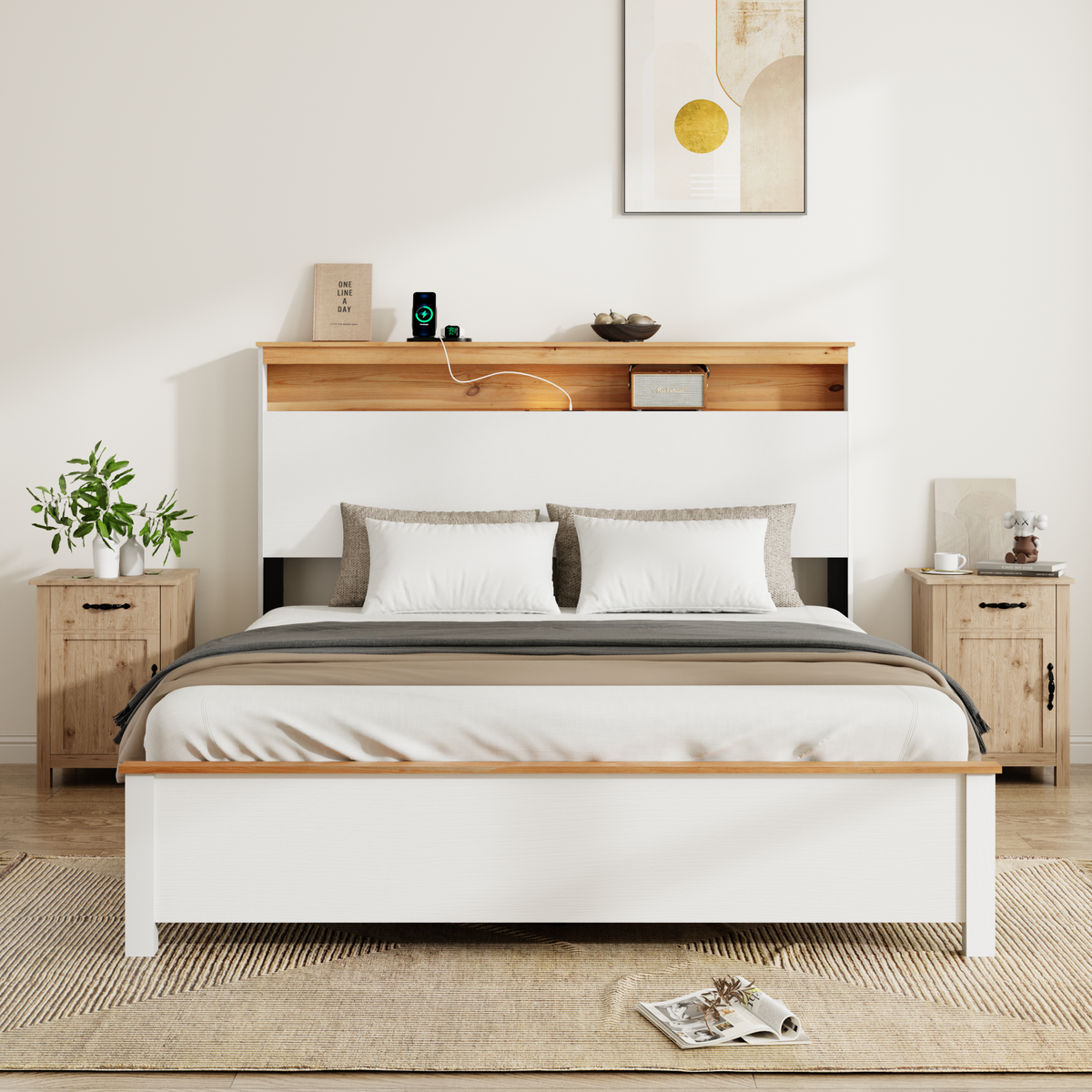 FULL BED STAND WITH CHARGING STATION STORAGE HEADBOARD: This rustic farmhouse bed frame with storage headboard comes with a built-in charging station that is simple to install and easy to oper