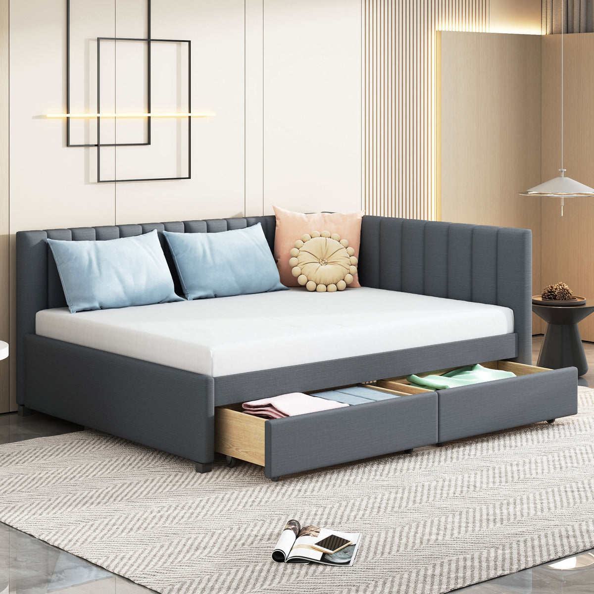 Full Size Upholstered Daybed with 2 Storage Drawers Sofa Bed Frame No Box Spring Needed, Linen Fabric (Gray)(OLD SKU:LP000172AAE
)