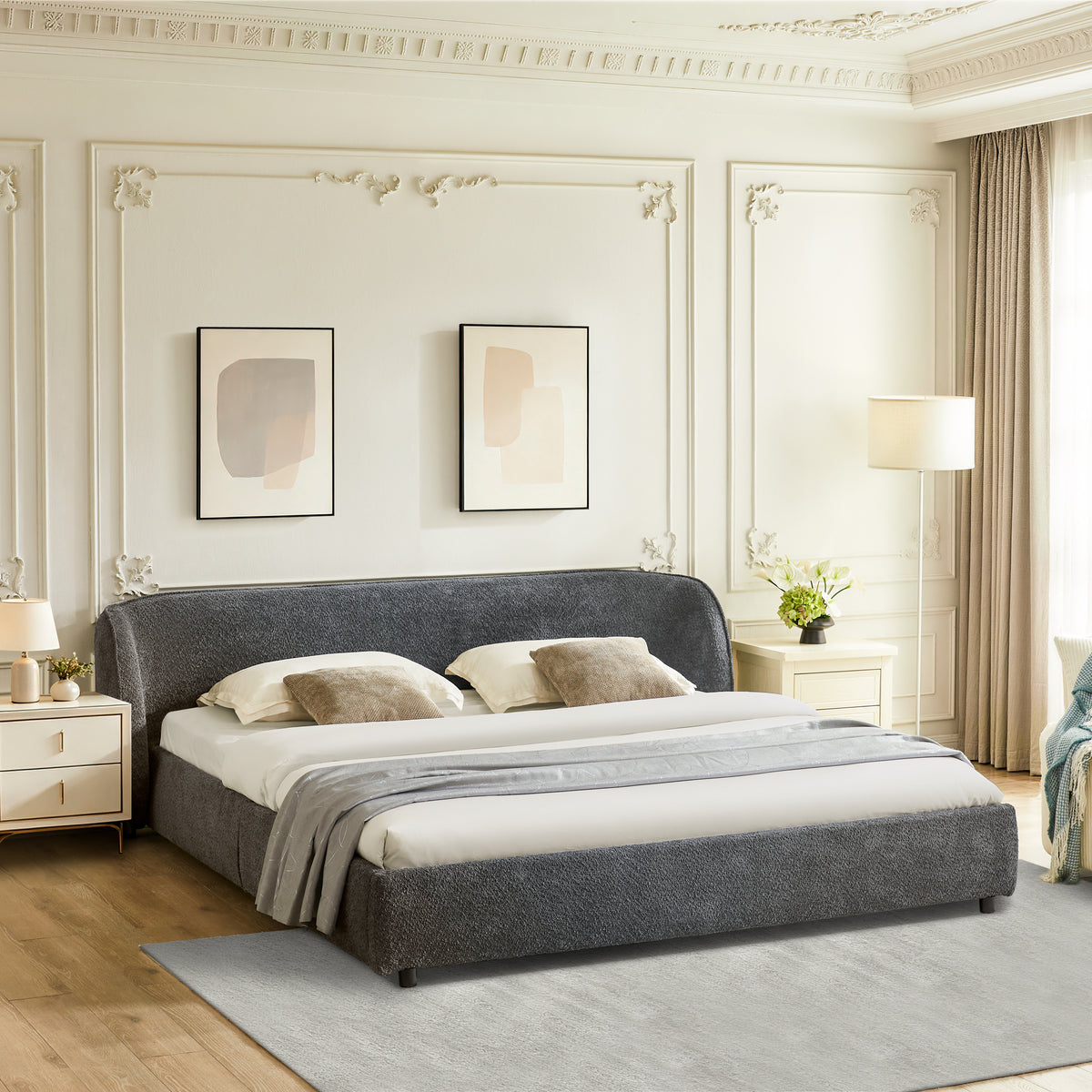 King Size Boucle Fabric Upholstered Bed Frame, Luxury Curved Wing‑Back Large Headboard, Sturdy Solid Frame Platform Bed for Bedroom, Mattress Not Included-Dark Gray