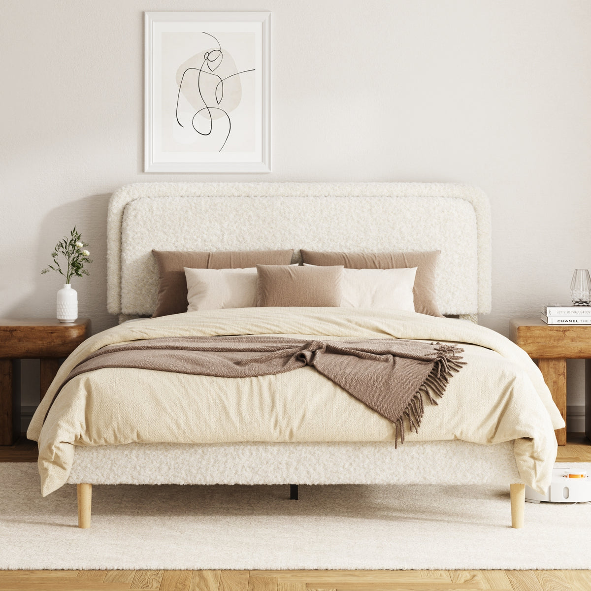 King Bed frame, Plush Upholstered Platform Bed with Height-Adjustable Headboard, Sturdy Frame and Alats, Quiet Design, No-Spring Mattress Compatible, Easy to Assemble, Beige
