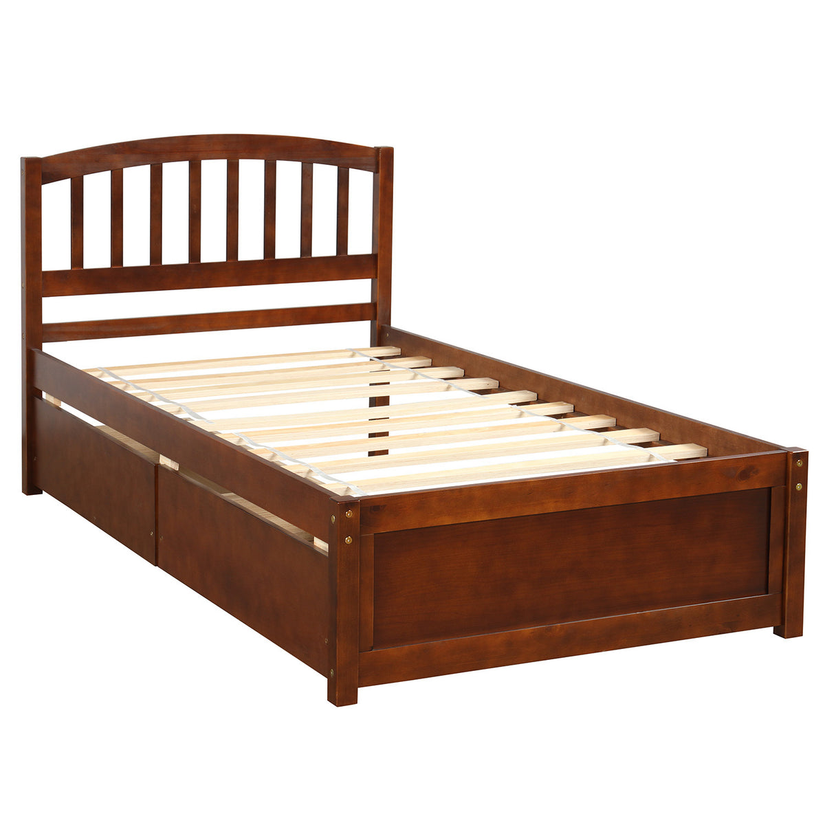Twin Platform Storage Bed Frame with Two Drawers and Headboard, Walnut, Solid Wood