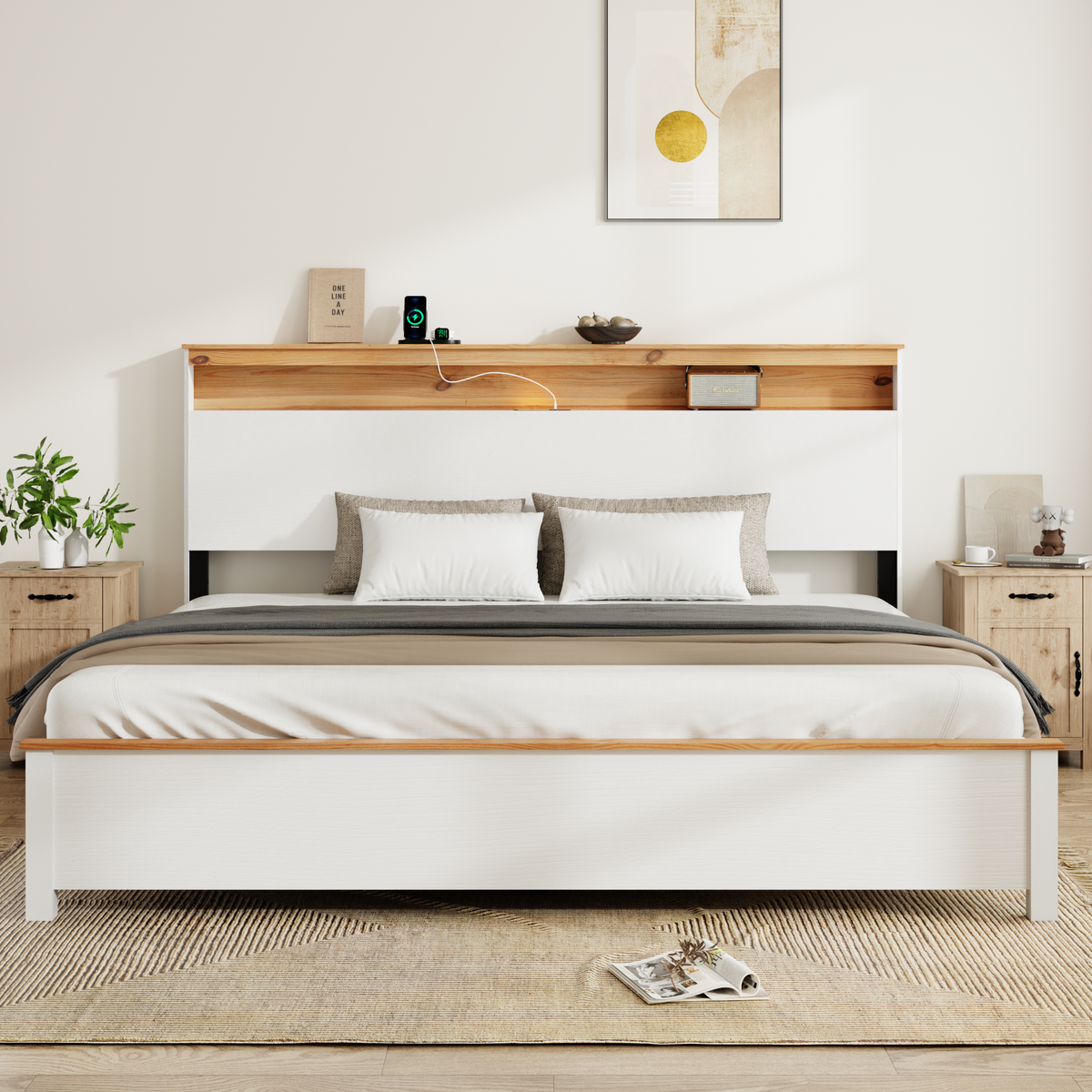 King bedstead with charging station bed frame: this rustic farmhouse bed frame with storage headboard and built-in charging station is easy to install and operate, classic white