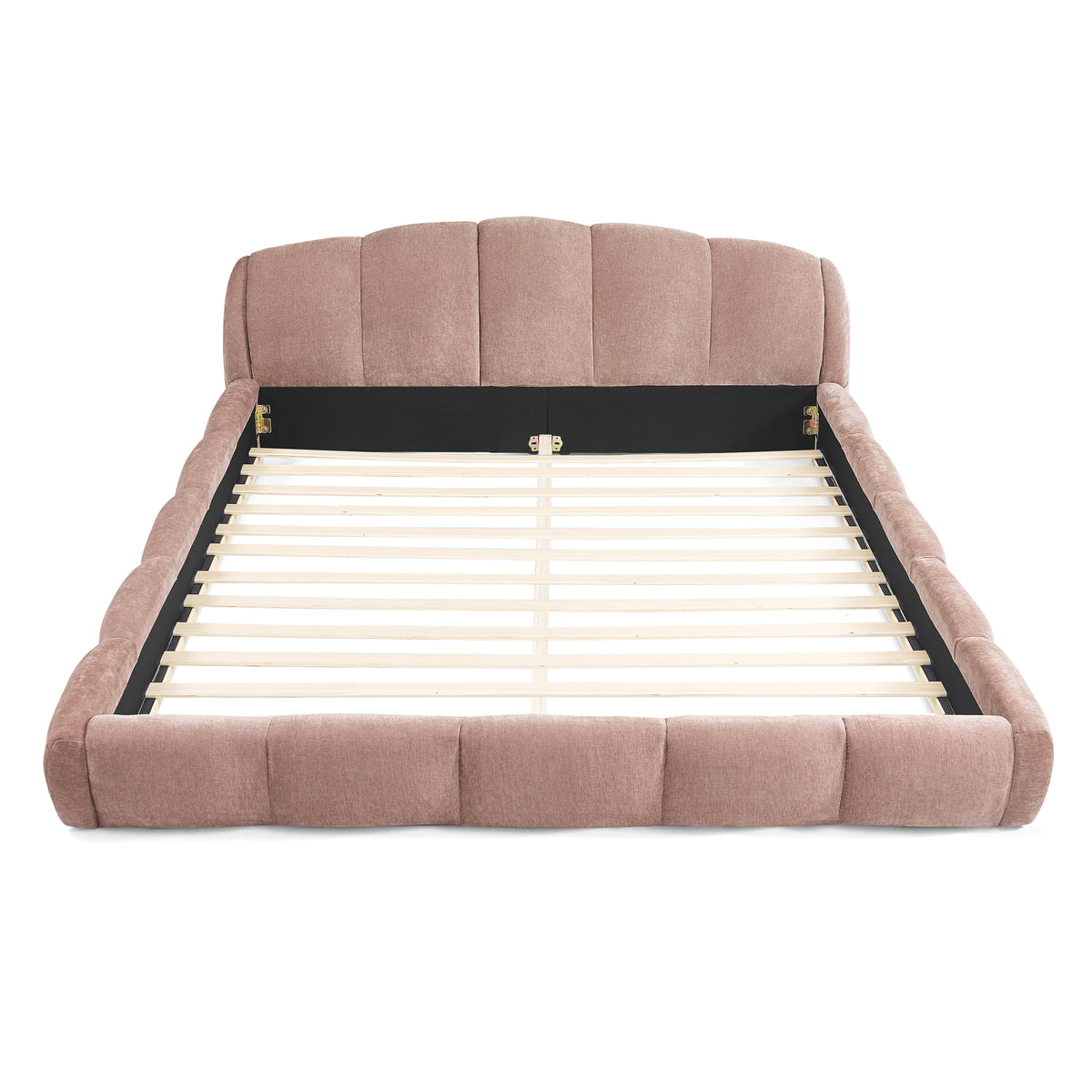 Queen Size Elegant Chenille Upholstered Platform Bed Frame, Thick Curved Headboard & Wrapped Footboard, Low Profile Floor Bed, No Box Spring Required, Easy Assembly, Pink