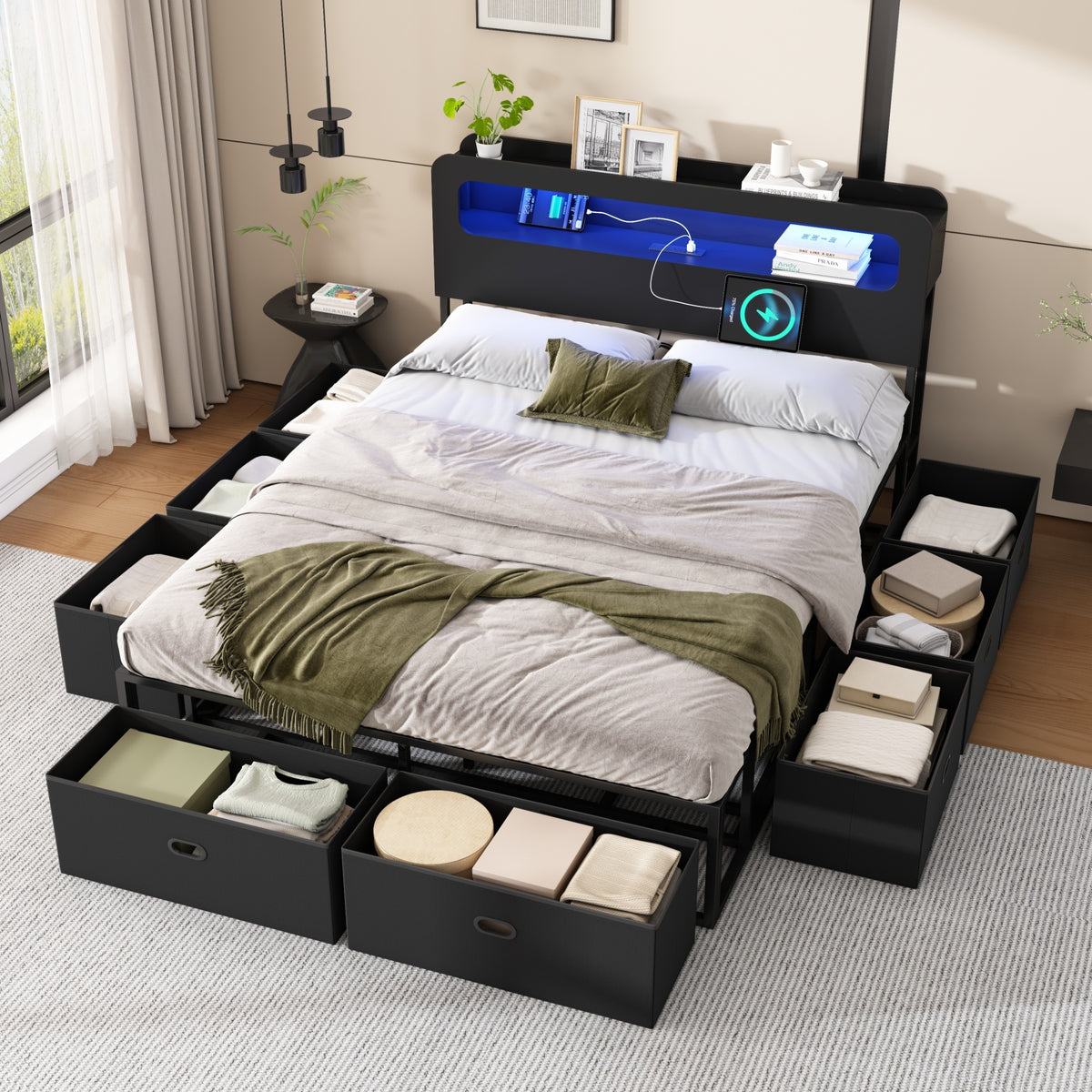 Full Size Bed Frame with 2-Tier Storage & LED Light Headboard, Charging Station, USB Port & Type C, with 8 Fabric Underbed Storeage Drawers, No Box Spring Needed, Black