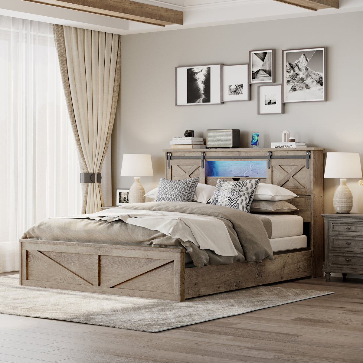 Farmhouse Bed Frame Queen Size with LED Lights and Charging Station, Wooden Queen Bed with 2 Storage Drawers, Rustic Headboard with Sliding Barn Door Storage Cabinets