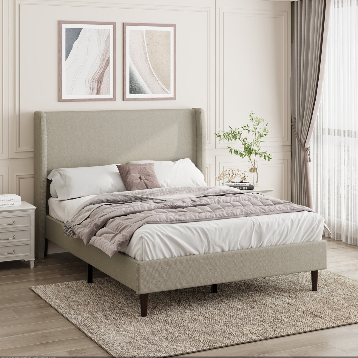 High Headboard Upholstered Bed, Queen Size Bed Frame, 12-Slat Support, Easy to Assemble, Beige, Linen Cloth, No Box Spring Needed