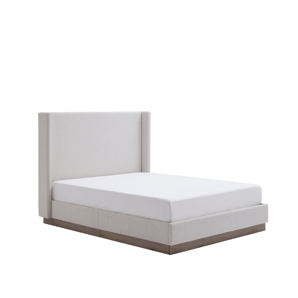 Hosford Minimalist Upholstered Wingback Bed with Wood Base Platform, Cream White Boucle, King Size
