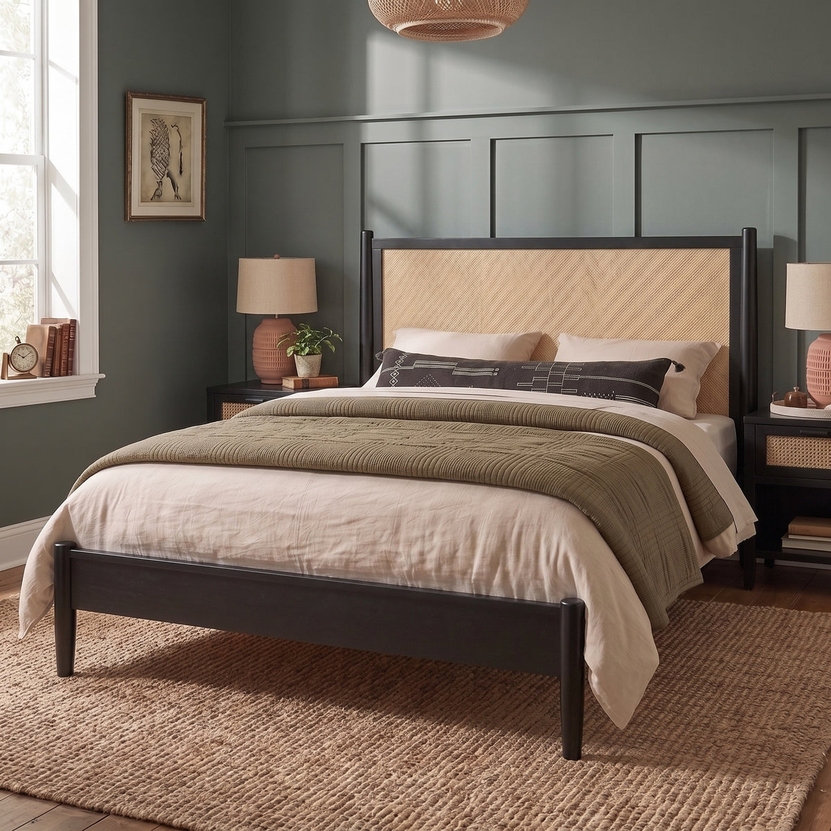 King Size Platform Bed Frame with Rattan Headboard, Wicker Bed with Wooden Slats Support,Boho Coastal Style, No Box Spring Needed, Black