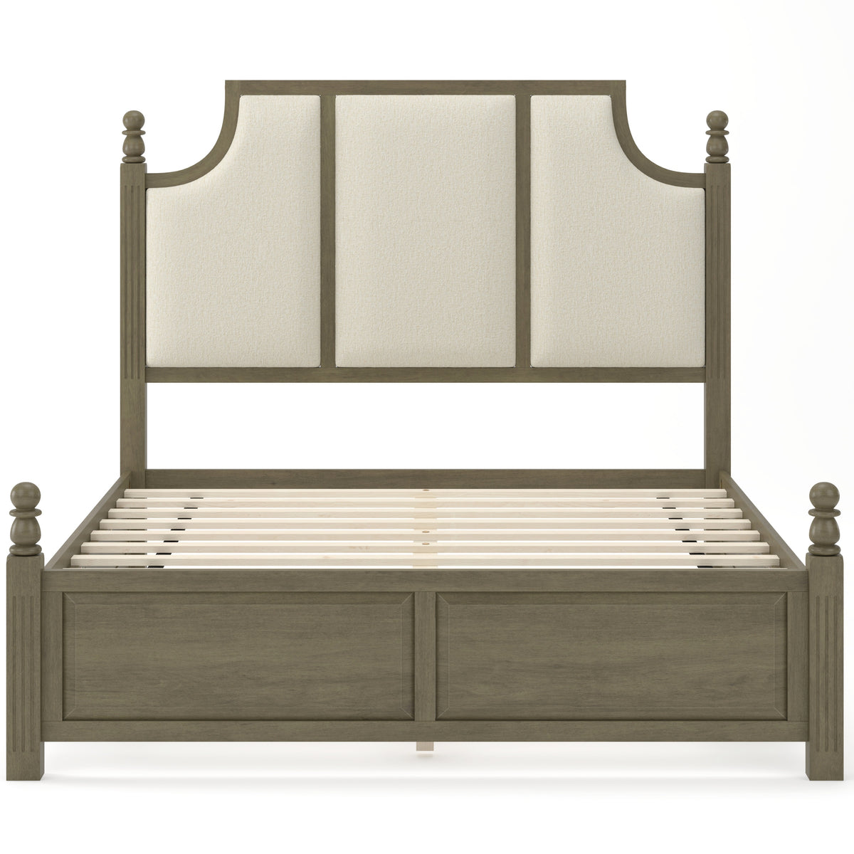 Queen Size Farmhouse Solid Wood Platform Bed Frame with 50.8' Tall Beige Linen Upholstered Headboard, Decorative Turned Bed Posts, No Box Spring Needed, Antique Bronze