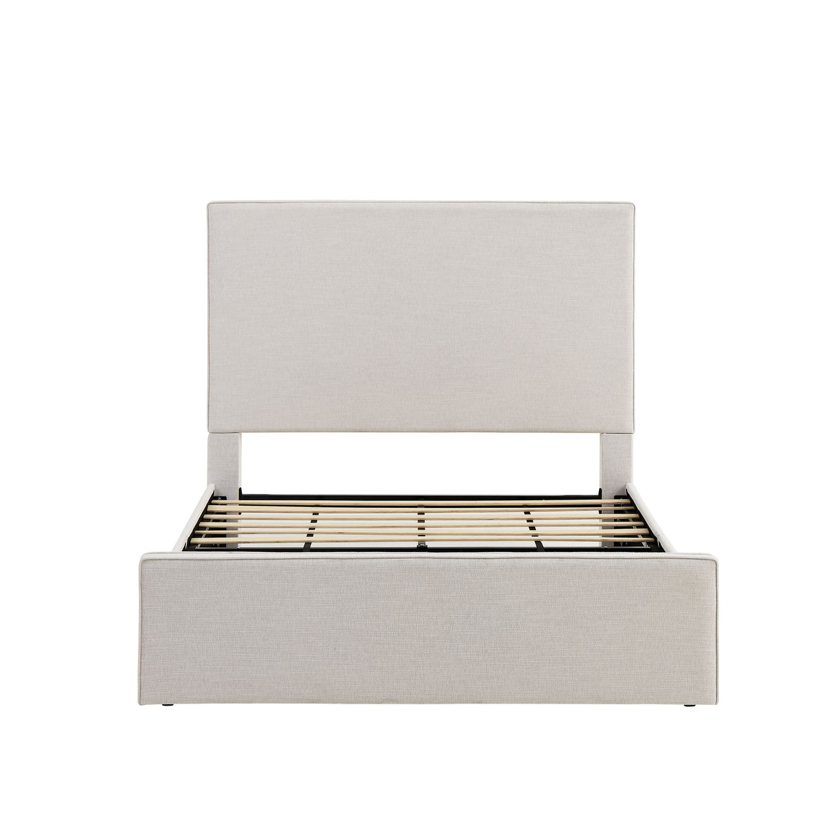 Lucas Tall Headboard Upholstered Bed in Textured Ivory Canvas with 52' Height, Modern Minimalist Design, King Size, Metal Frame, No Box Spring Needed