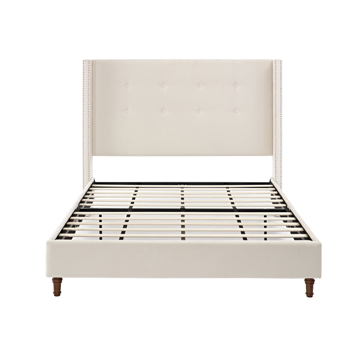 Peyton Upholstered Queen Bed with Traditional Hand Buttoned Tufting and Nailhead Trim Wingback in Ivory Velvet, No Box Spring Needed, Easy Assembly