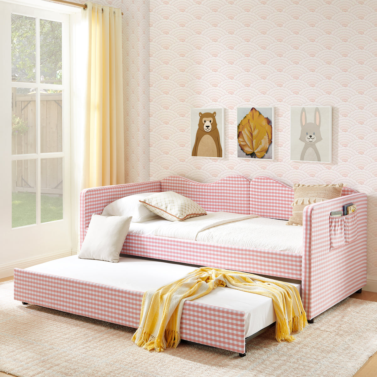Twin‑Size Daybed,Gingham Upholstered Daybed Equipped with Pull-Out Trundle Bed Frame & Side Storage Pocket, Solid Wood Frame Multi-Functional Sofa Bed for Kids Room & Guest Bedroom-PINK