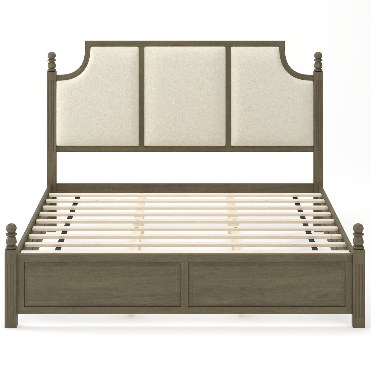 King Size Farmhouse Solid Wood Platform Bed Frame with Beige Linen Upholstered Headboard, Antique Bronze Finish, 50.8' Tall, Wooden Slats, No Box Spring Needed