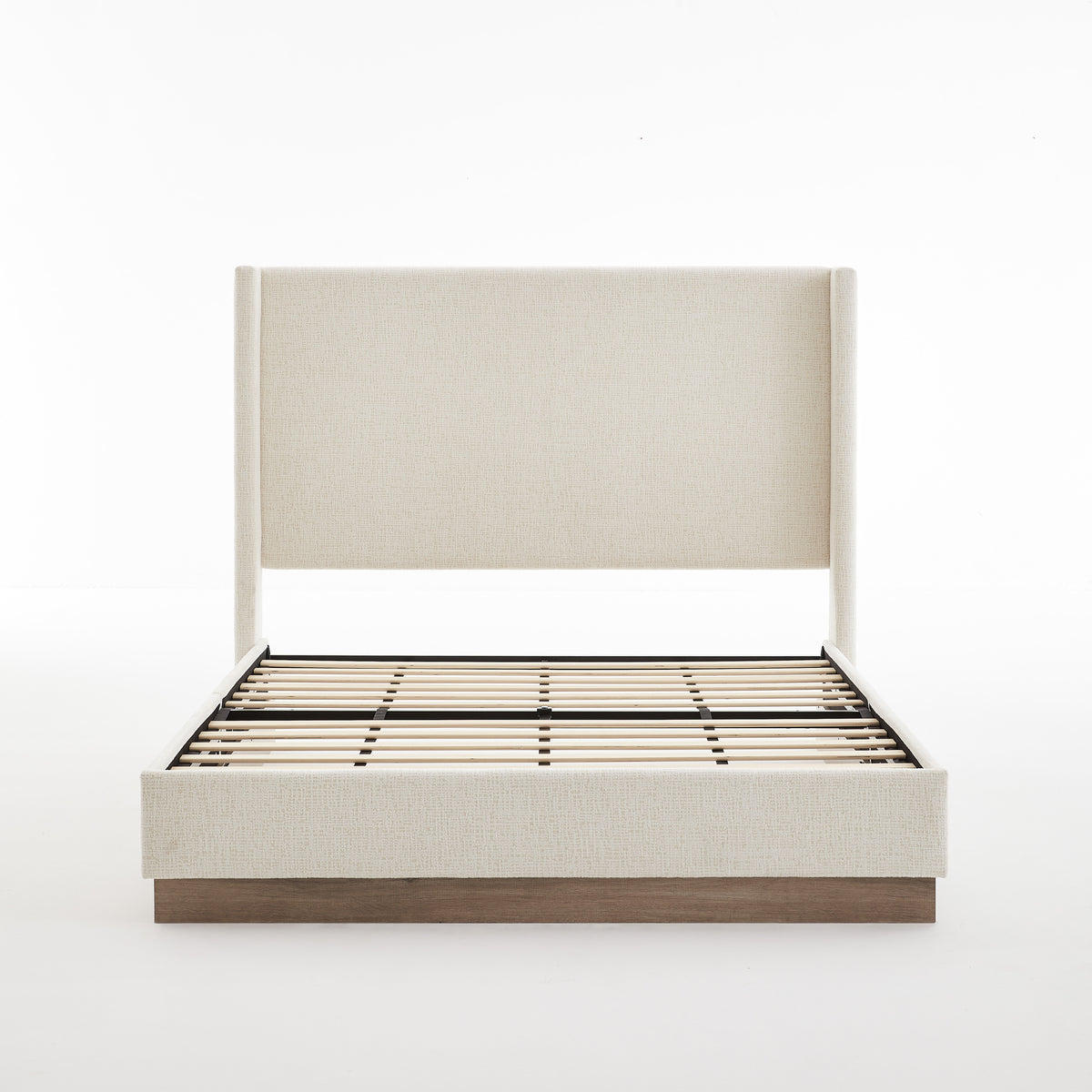 Hosford Upholstered Wingback Bed with Wood Base Platform - King - Oat Boucle Fabric - Light Grey Camel Oak Finish - 52.5' High Headboard - Minimalist Rusticity Style - No Box Spring Needed -