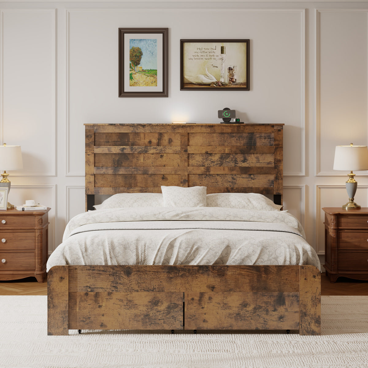 Full-size Rustic Platform Bed Frame with LED Lighting Headboard, Built-in USB & Type-C Charging Station, Under-Bed Storage Drawers, Heavy Duty Metal Slats, No Box Spring Needed, Industrial, Dark Brown