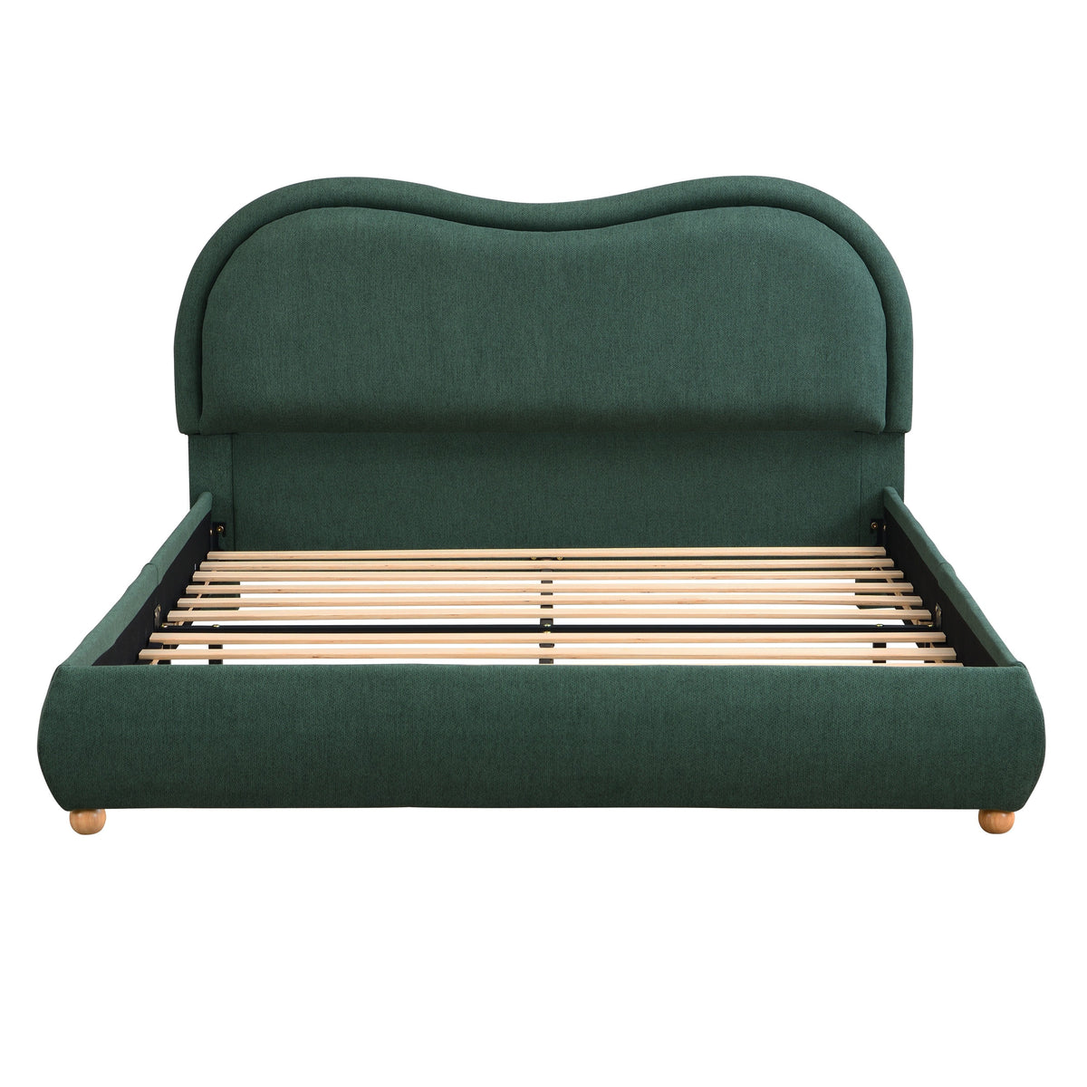 Olive Green Queen Size Upholstered Platform Bed Frame with Curved Headboard, Solid Oak Legs, Chenille Fabric, Wooden Slats, No Box Spring Needed, Easy Assembly