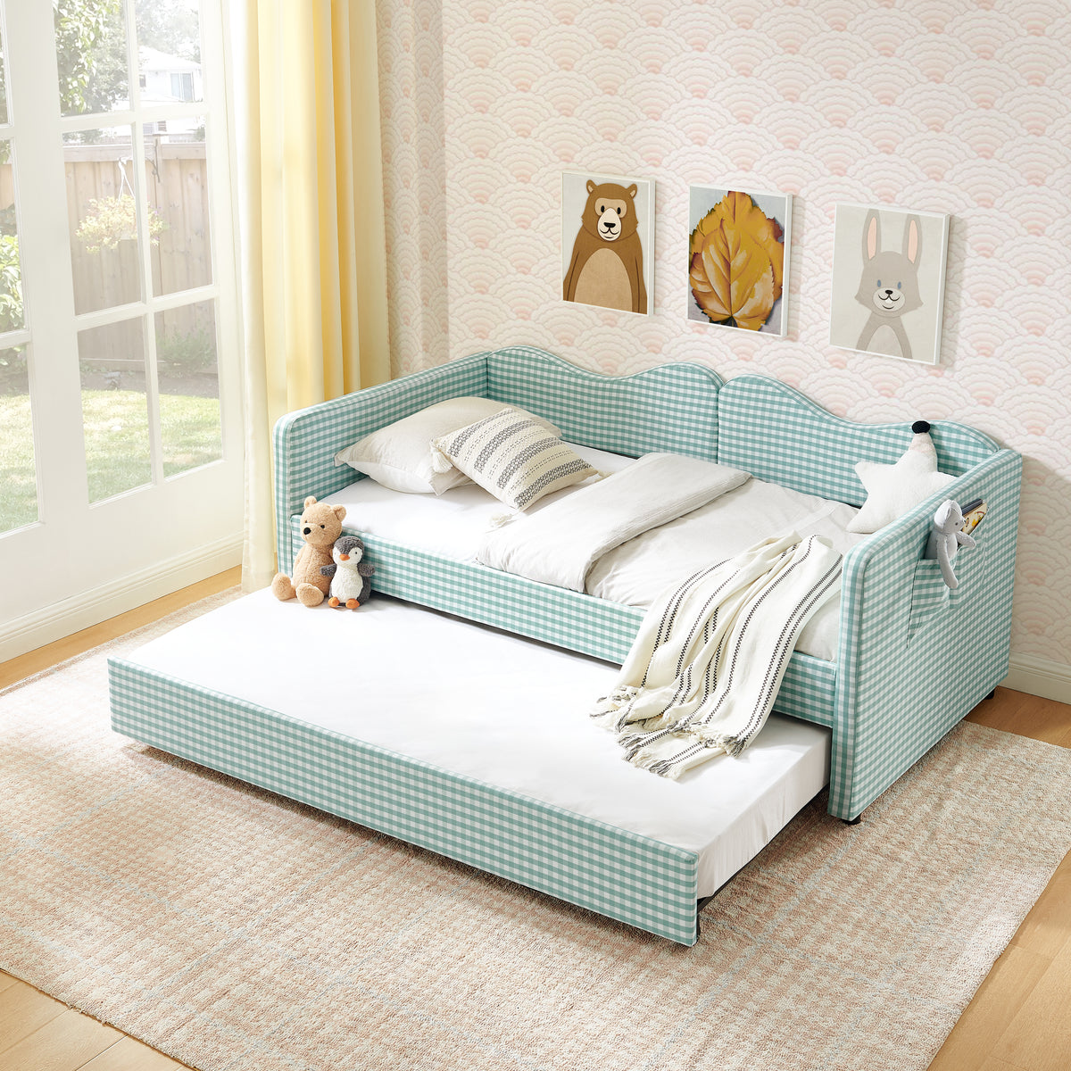 Twin‑Size Daybed,Gingham Upholstered Daybed Equipped with Pull-Out Trundle Bed Frame & Side Storage Pocket, Solid Wood Frame Multi-Functional Sofa Bed for Kids Room & Guest Bedroom-CYAN