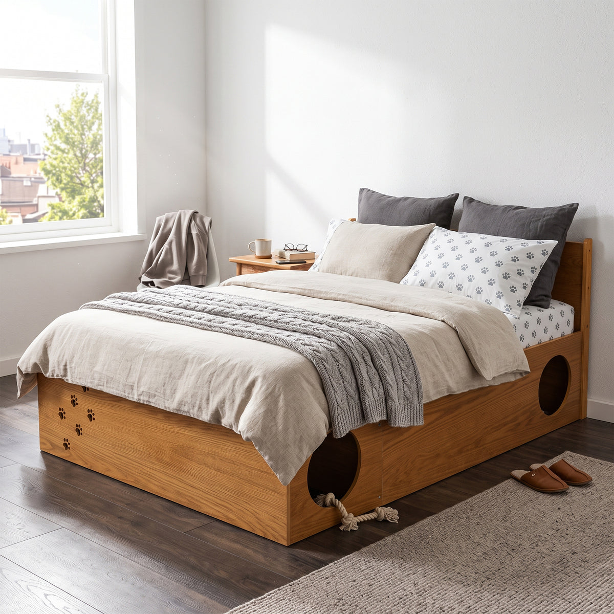 Queen Wood Platform Bed with Removable Headboard, Under-Bed Pet Maze & Private Space, Decorative Footboard, Detachable Slats-RED OAK