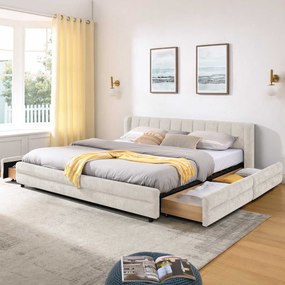 King Size Upholstered Bed Frame with Thick Fabric, comfortable upholstered bed frame, Chenille fabric, with headboard and solid bed frame. With drawer for storage-Beige(86.5''*84''*29.5'')