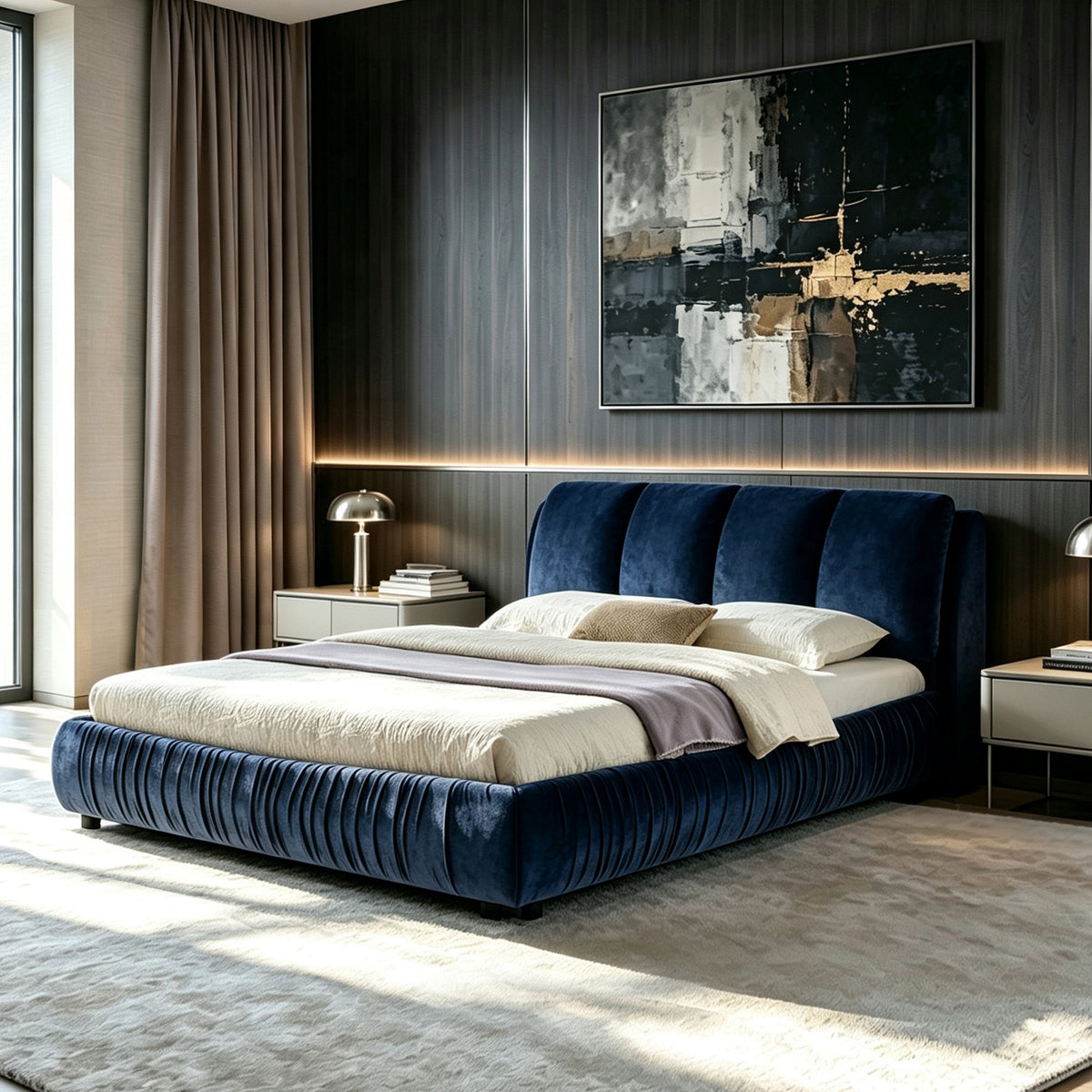 Queen Size Upholstered Bed Frame, Modern Minimalist Style with Segmented Plump Compressed Sponge Headboard,Shiny velvet & Sturdy Leg Support, Mattress Not Included-Dark Blue
