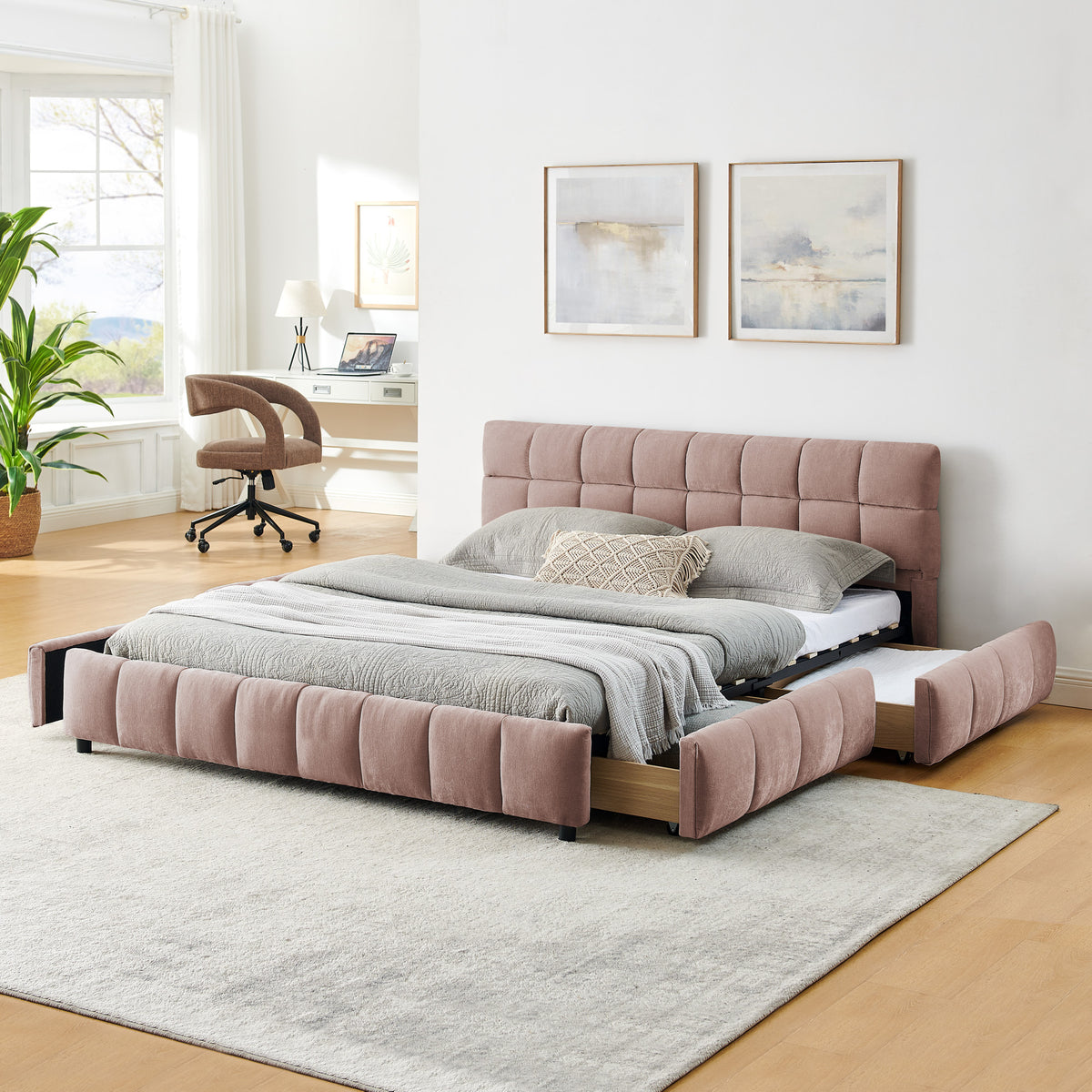 Queen Size Upholstered Bed ,comfortable upholstered bed frame, Chenille fabric, with headboard and solid bed frame. With drawer for storage.-Pink(88.5''*68.5''*31'')