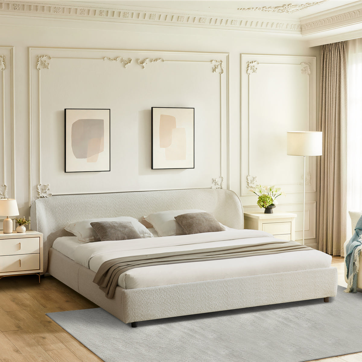 King Size Boucle Fabric Upholstered Bed Frame, Luxury Curved Wing‑Back Large Headboard, Sturdy Solid Frame Platform Bed for Bedroom, Mattress Not Included-Beige