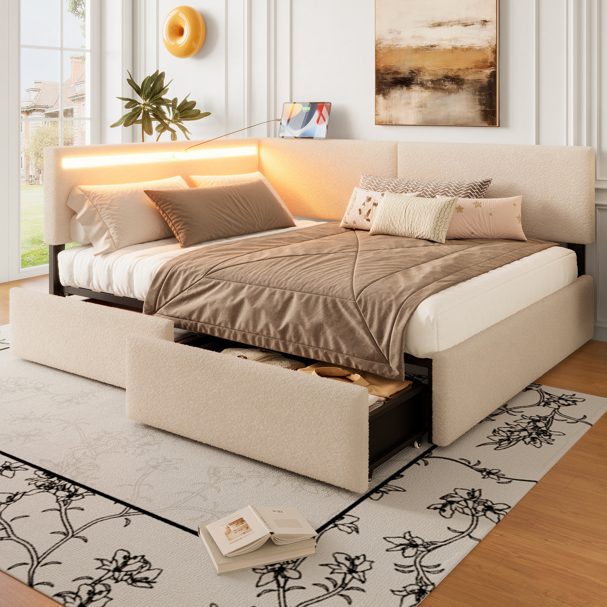 Full Size Boucle Bed Frame, Upholstered Cloud Bed Frame with Headboard, with 2 Storage Drawers , LED light and USB Charging Design, Solid Wood Legs and Slats, No Box Spring Needed, Beige
