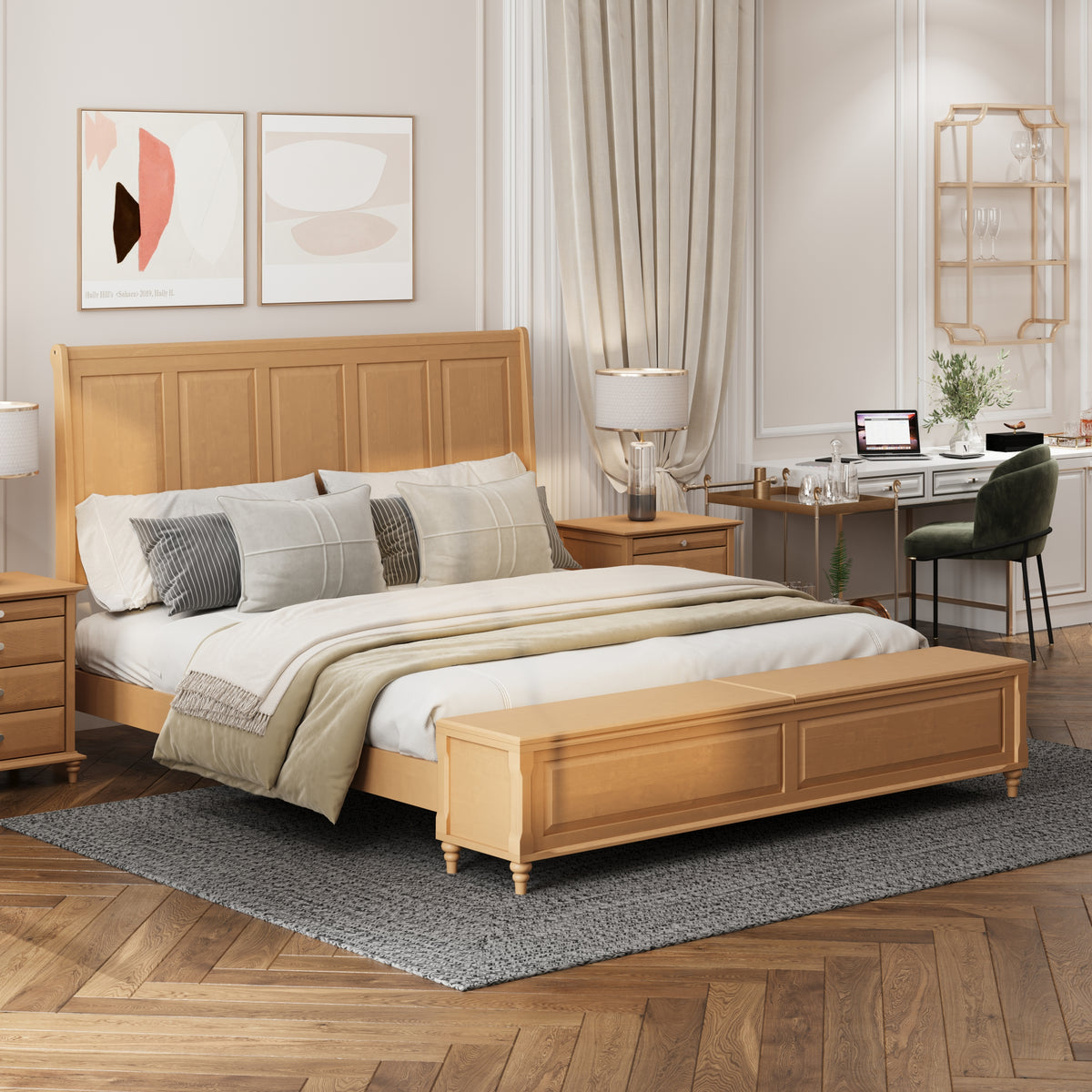 King Bed Frame with Tall Headboard and Storage Bench,Soild Wood Sleigh Bed with 79' Storage Chest,No Box Spring Needed,Natural