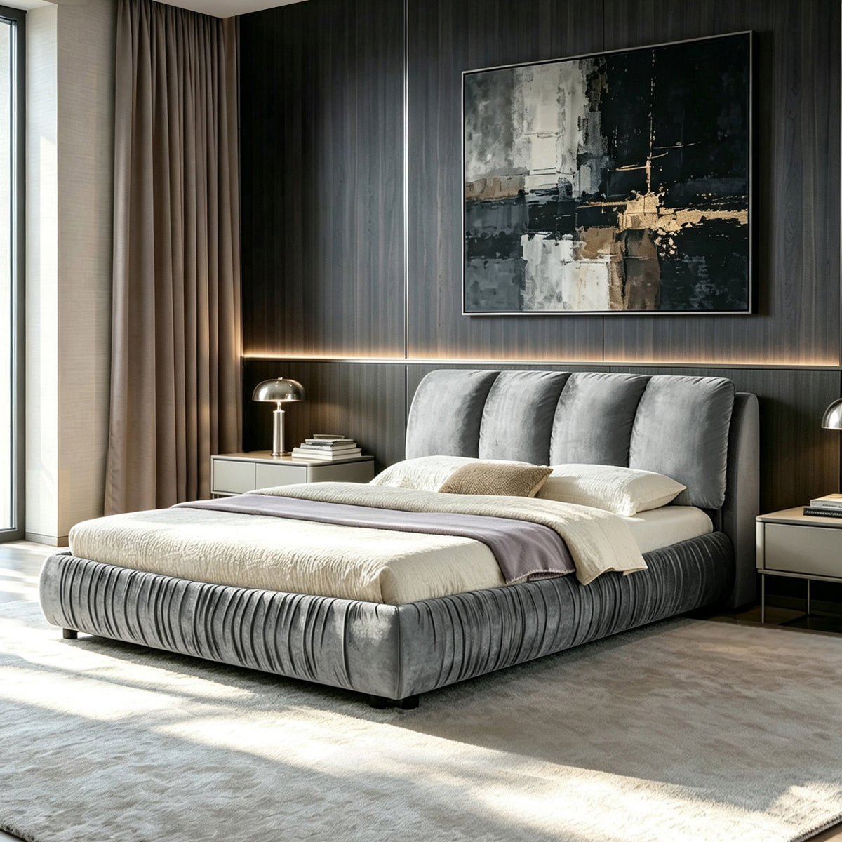 Queen Size Upholstered Bed Frame, Modern Minimalist Style with Segmented Plump Compressed Sponge Headboard, Shiny velvet & Sturdy Leg Support, Mattress Not Included-Gray